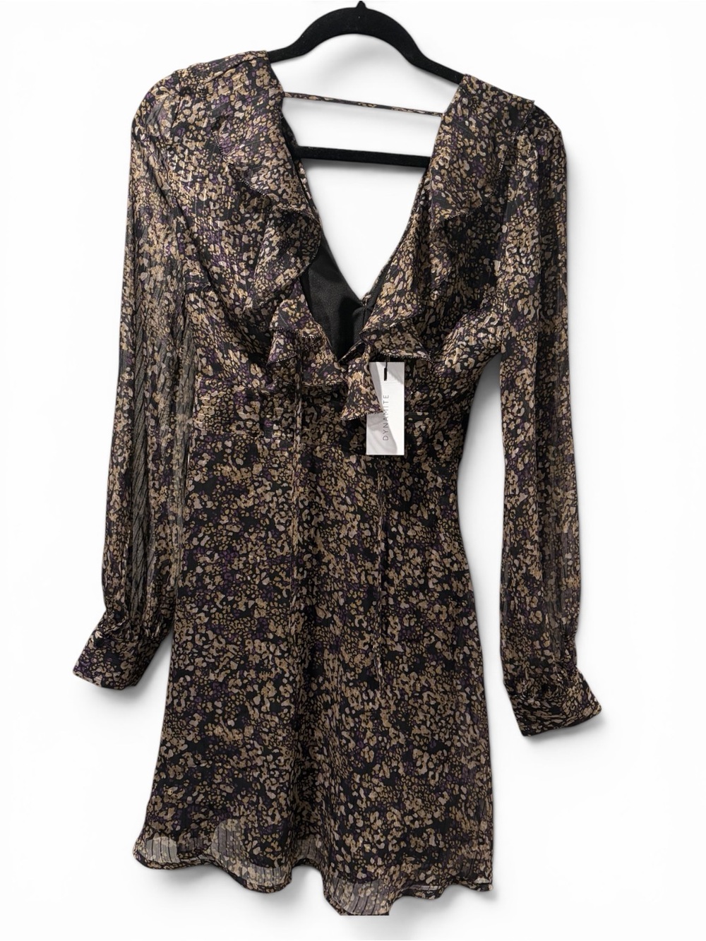 Dynamite Sheer Long Sleeve Ruffle V-Neck Dress Black and Gold with purple detail